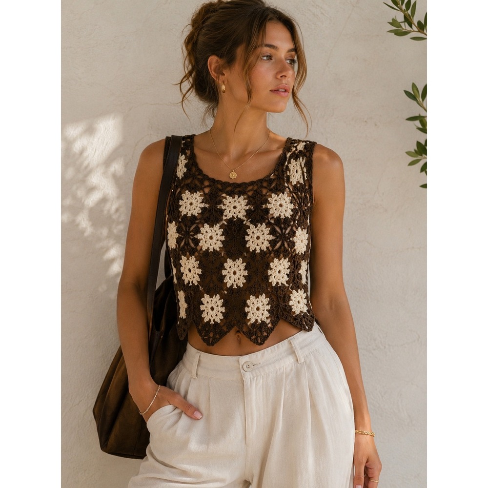 Lulus Crochet Granny Square Tank Top Brown Cream Boho‎ Scallop Hem XS/S